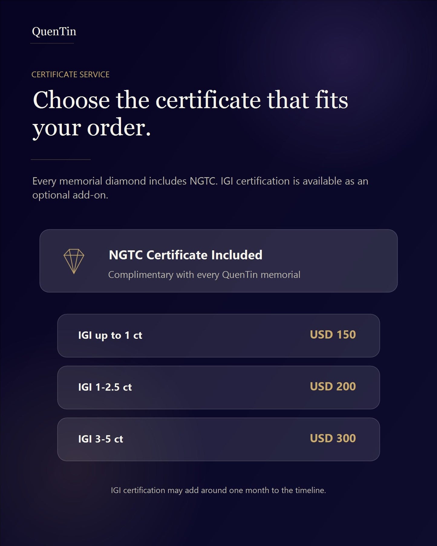 QuenTin memorial diamond certificate service