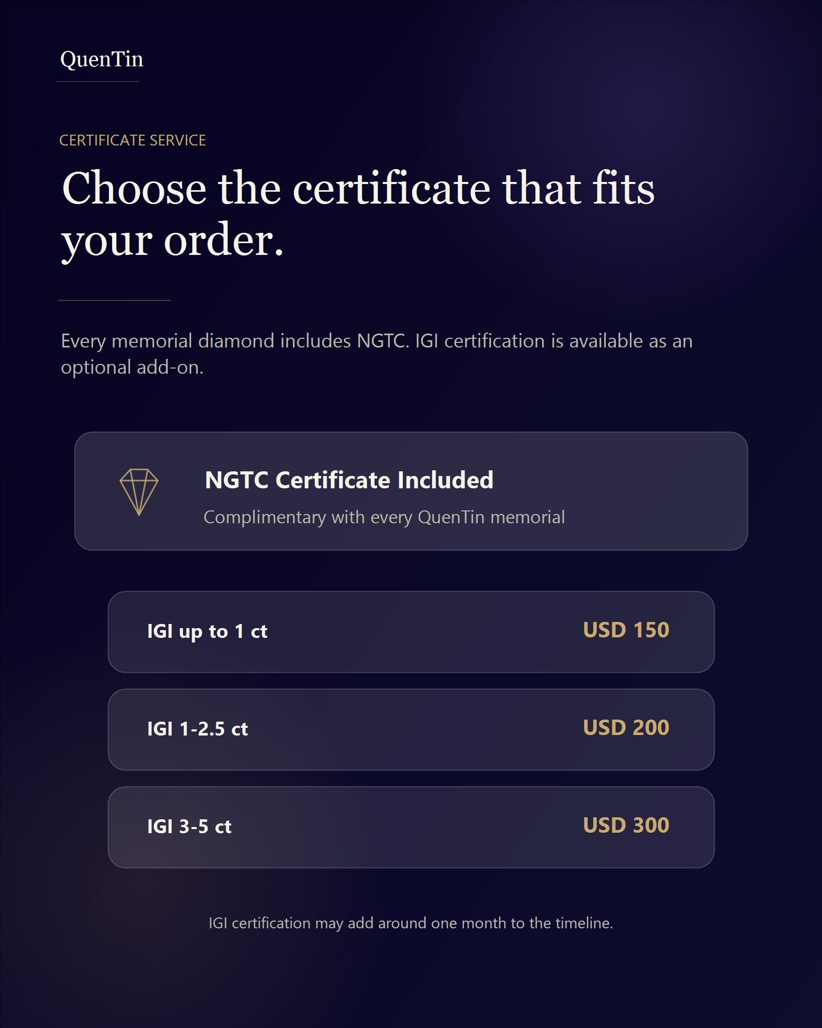 QuenTin memorial diamond certificate service