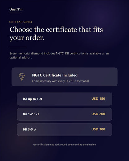 QuenTin memorial diamond certificate service